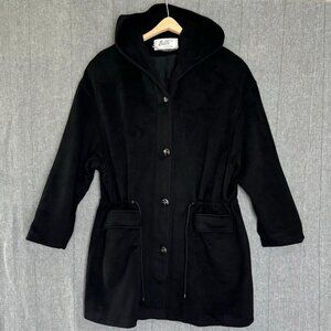 Vintage Billi by Billicoat Made in USA Black 100% Wool Hooded Button Up Coat